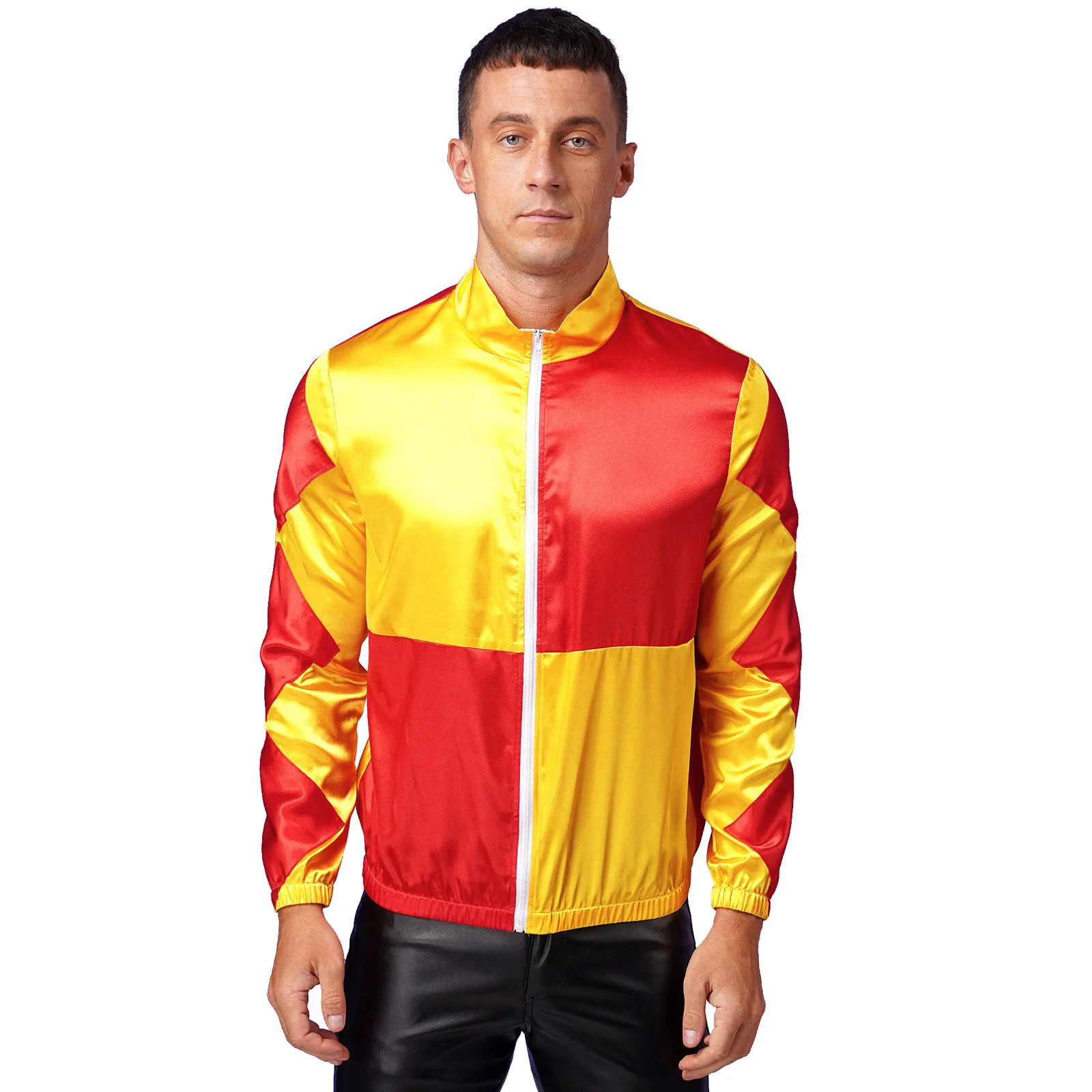 

Mens Horseman Clown Costume Satin Jackets tops Contrast Checkerboard Zipper Outerwear Horse Trainer Halloween Cosplay Costumes