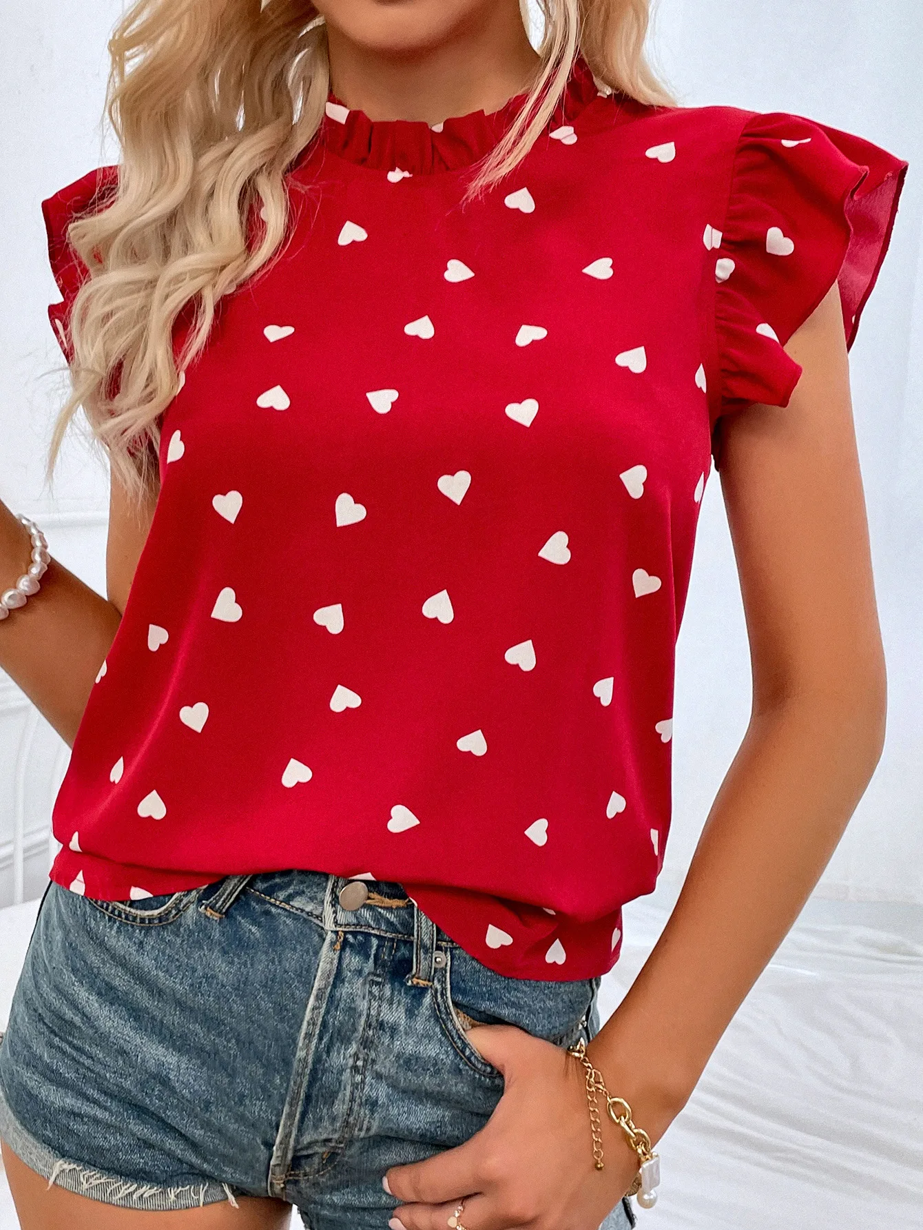 Fashion Short Sleeve Casual Shirt Women 2024 Summer Ruffled Love Print Tops And Blouses Elegant Office Top Femme Shirt Blouse