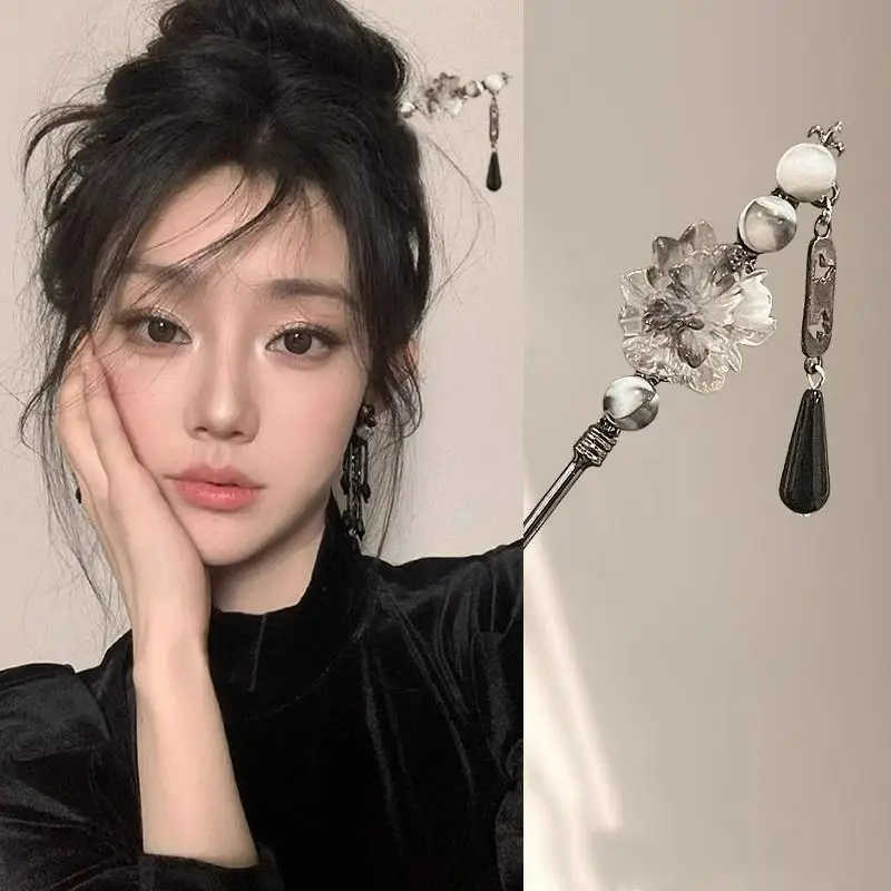 

Ретро-шпилька для волос в китайском стиле с цветочным узором и кисточкой, цветная, с эффектом чернильной росписи, для женщин, элегантный держатель для хвоста, ювелирное украшение, аксессуар для волос