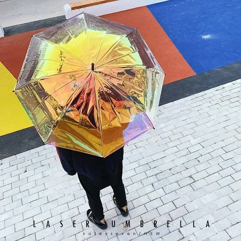 Colorful Rainbow Umbrella Transparent Color Changing Long Handle Umbrella Rain Women\'s Big Umbrellas Parapluie Girl Gift SY191
