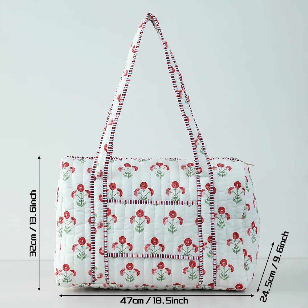 Large Quilted Travel Bag For Women Weekender Bag Floral Block Print Cotton Luggage Overnight Duffle Bags