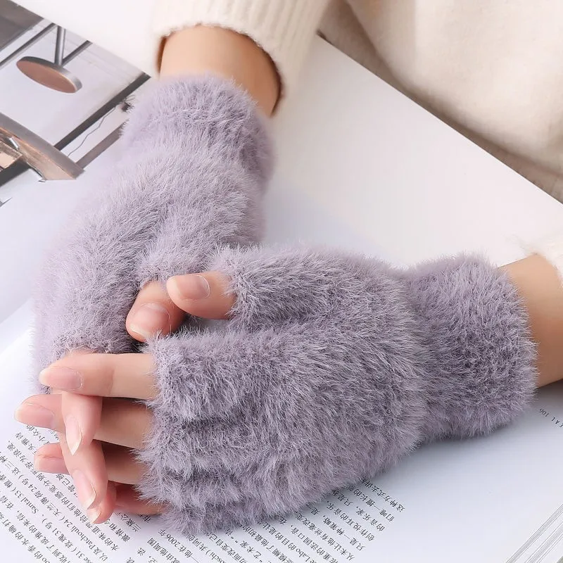 Fuzzy Fingerless Gloves Winter Women Warm Student Writing Soft Gloves Typing Office Faux Mink Fur Knitted Solid Color Gloves