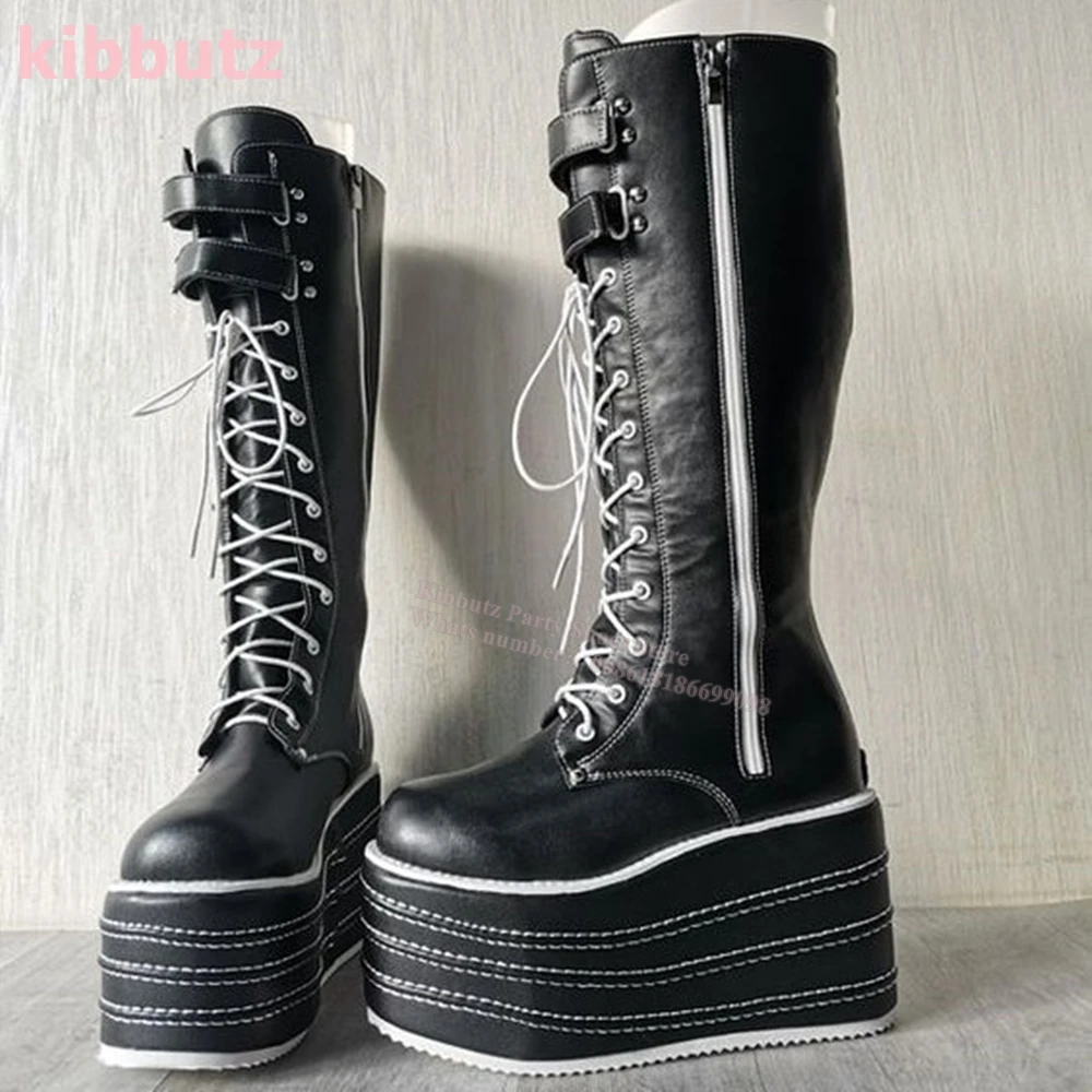 

Goth Punk Motorcycle Boots Combat Platform Wedges Lace-Up Round Toe Genuine Leather Rock Fashion Sexy Novelty Women Shoes Newest