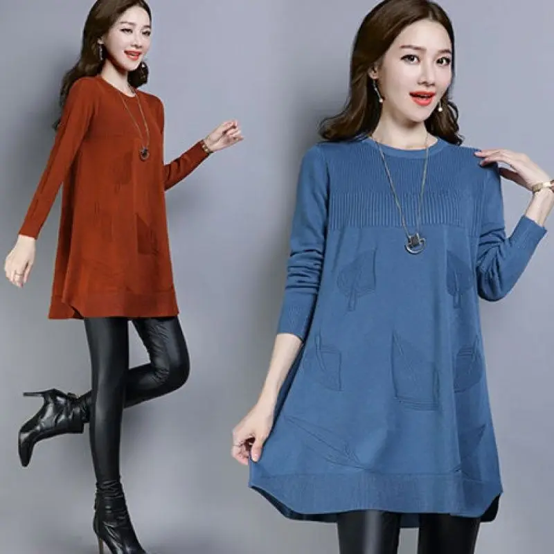 

Korean Pullover knit Sweater Women 2025 New Autumn Winter Mid-length O-neck Loose Shirt Thick Solid Sweaters Female