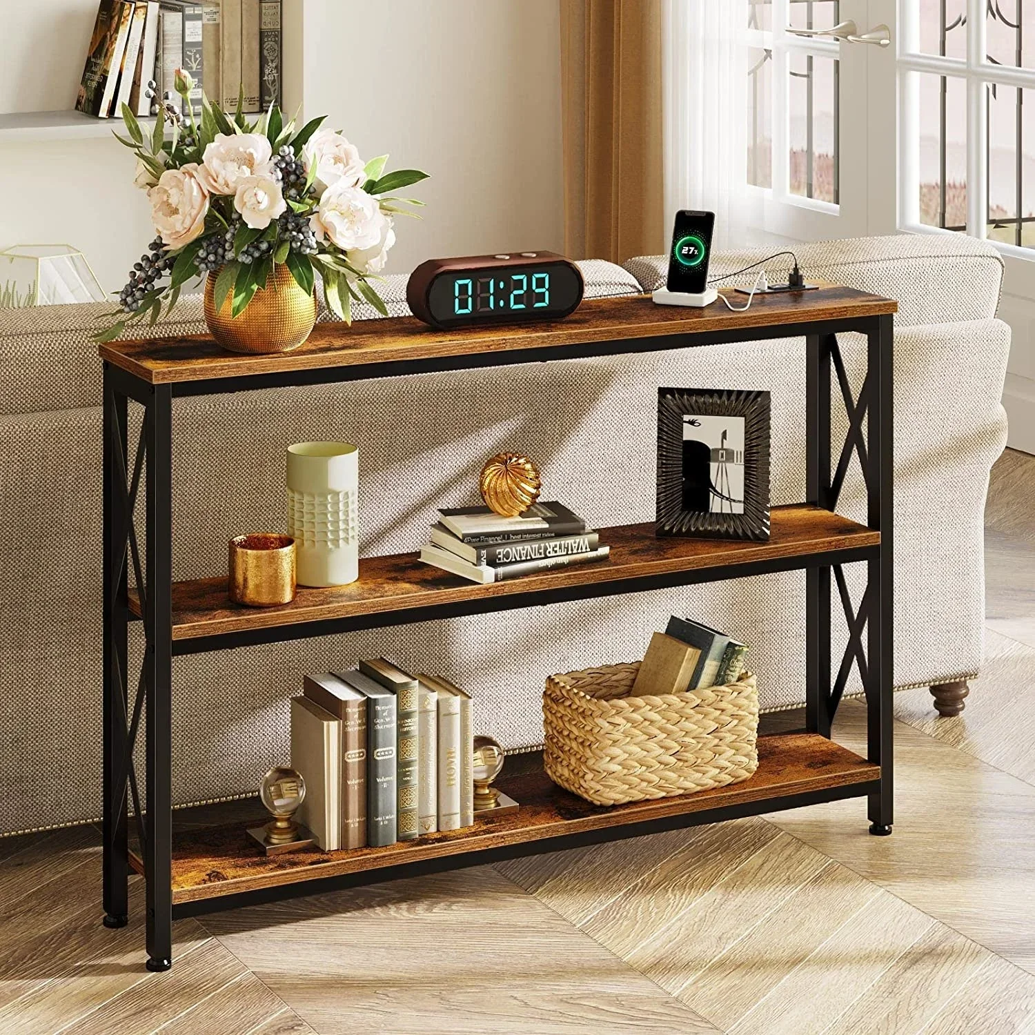 

Furniture Computer desk Sofa table with charging station, triple narrow console table with storage rack and power socket