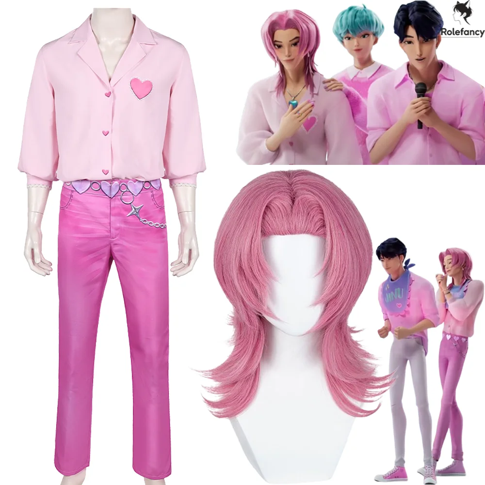 

Kpop Demon Hunter Romance Cosplay Costume Saja Boy Pink Wig Korea Style Full Set Clothes Shirt Pink Pants Party Halloween Event