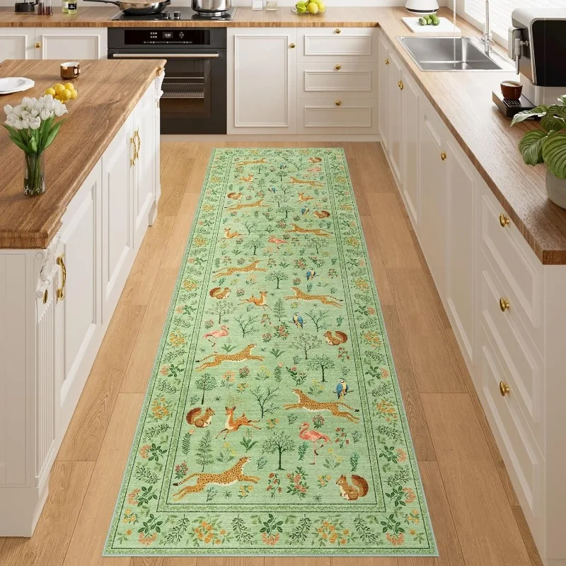 Boho Forest Animal Runner Rug Cheetah Deer Birds Floral Print Hallway Floormat Water-Absorbent Anti-slip Carpet for Living Room view 3