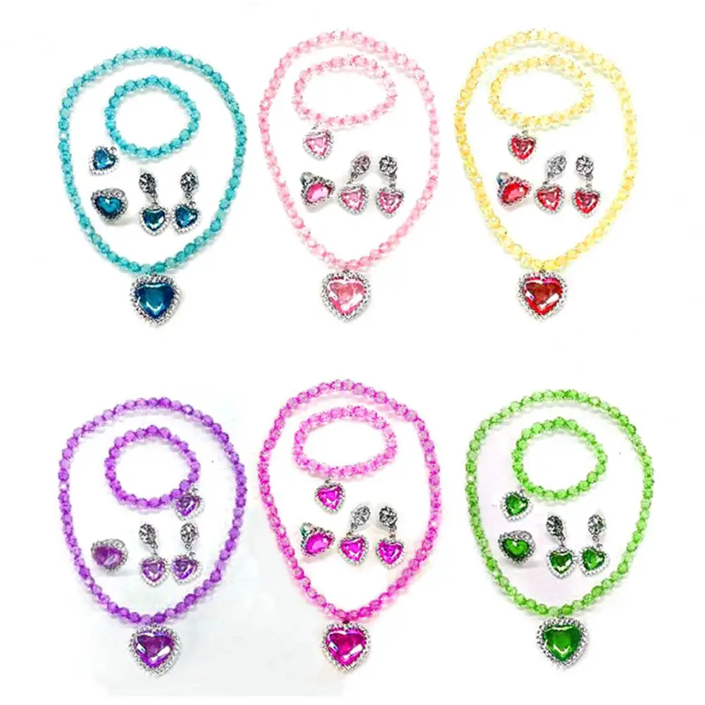 1 Set Girls Necklace Toy Colored Beaded Elegant Pretend Play Rhinestone Love Heart Bracelet Earring Ring Kit Princess Jewelry