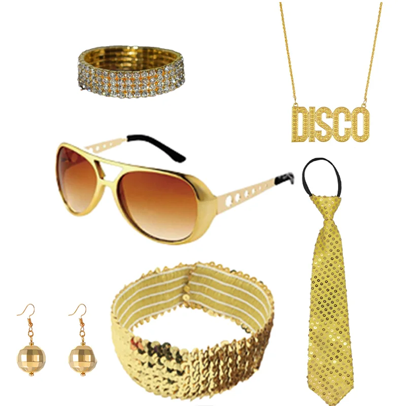 PESENAR jaren 1970 Disco Rock Star Cool Outfits Gouden Bal Oorbellen Ketting Bling Hoofdband Stropdas Zonnebril Sieraden Set
