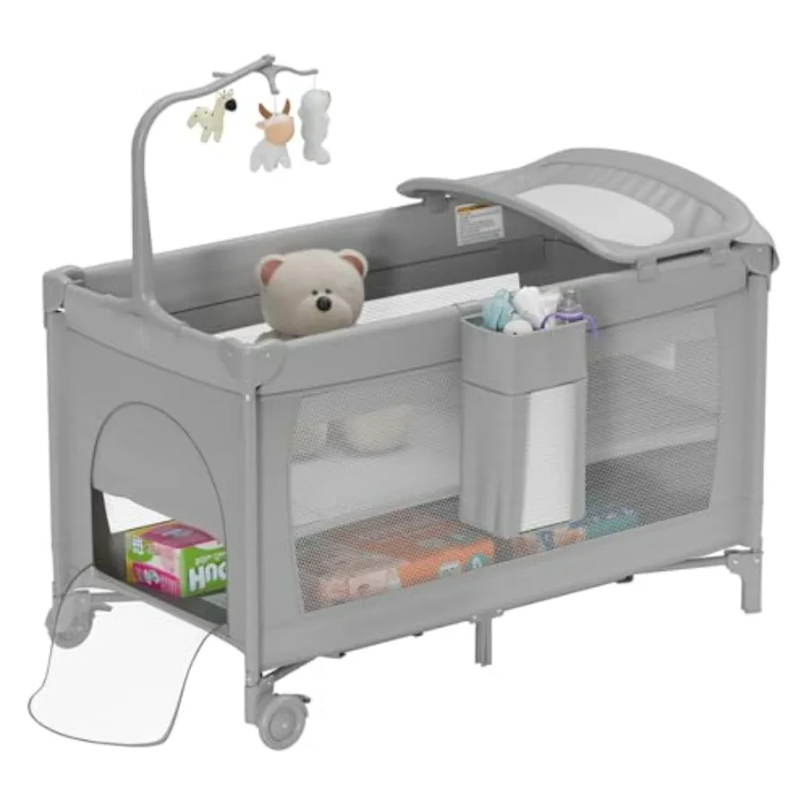 

Portable Playard for Newborn to Toddlers with Diaper Changing Table Large Crib Bed with Mattress and Hanging Toys Lightwght Tra