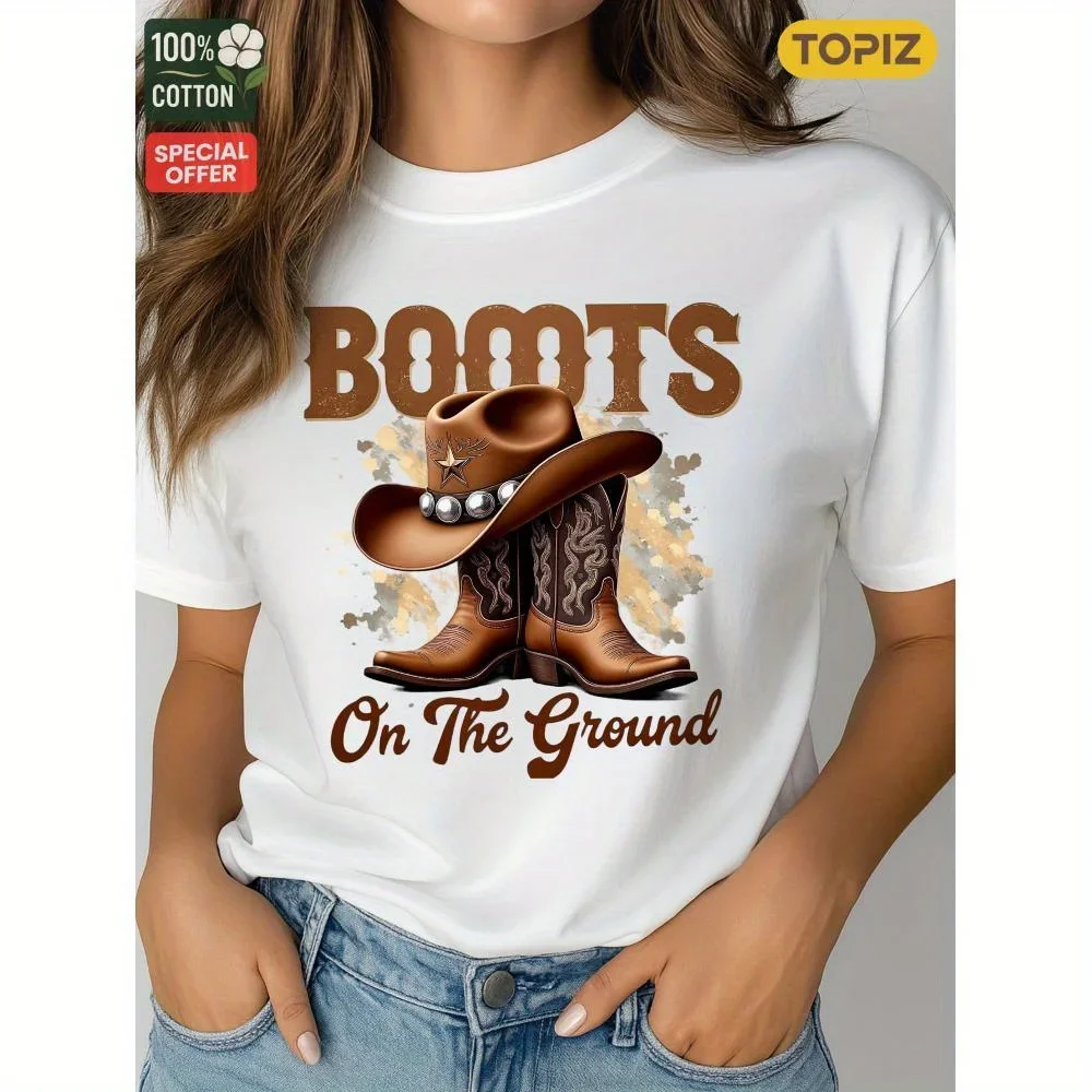 

Women's T-Shirt, Crew Neck Short Sleeve Casual Top, Graphic T-Shirt, Boots On The Ground Design , 100% Cotton