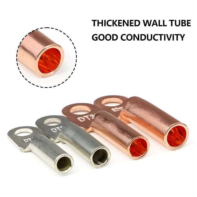 DT10/16/25/35/50mm² Wire Terminal Copper Crimp Splice Silver Tin Plated Block Bare Bolt Hole Nose Tube LUG Cable Connector