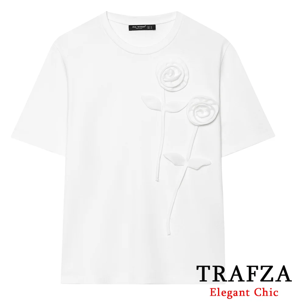 TRAFZA-Camiseta blanca minimalista para mujer, Top tridimensional con cuello redondo y flores, camiseta informal de calle a la moda de verano 2025