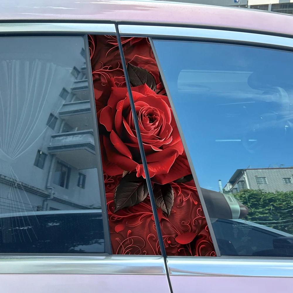 2Pcs/set Red Rose Car Center Pillar Sticker RED FLOUWER AUTO B-Pillar Protective Film Decoration Decals