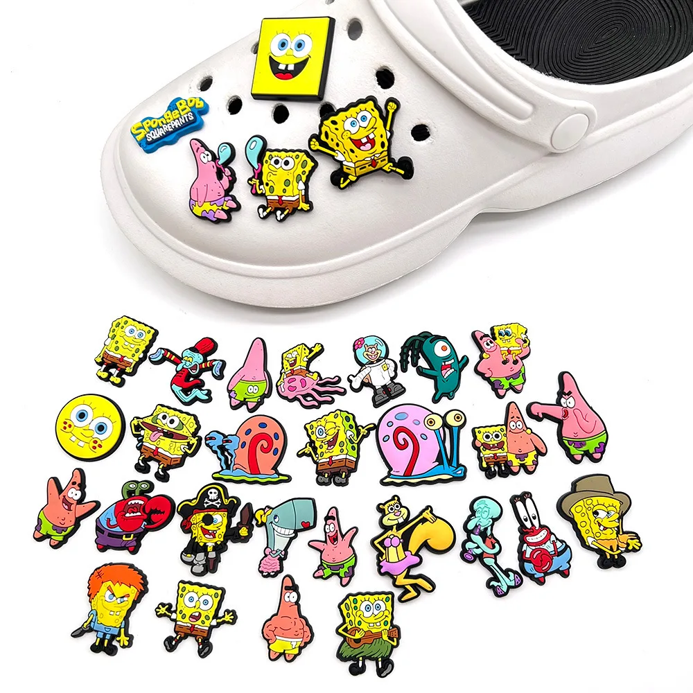 Random 16/32pcs set Cartoon Sponge Character Shoe Charms Set Soft PVC Rubber Decor Pins Figure DIY Decoration for Hole Sandals