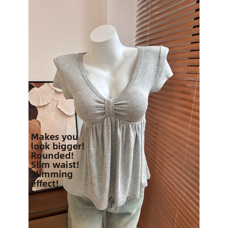 Women's Gentle Wind Doll Shirt V-Neck Gathered Loose Slimming Short Sleeve T-Shirt Inner Wear Top Versatile Casual Polyester
