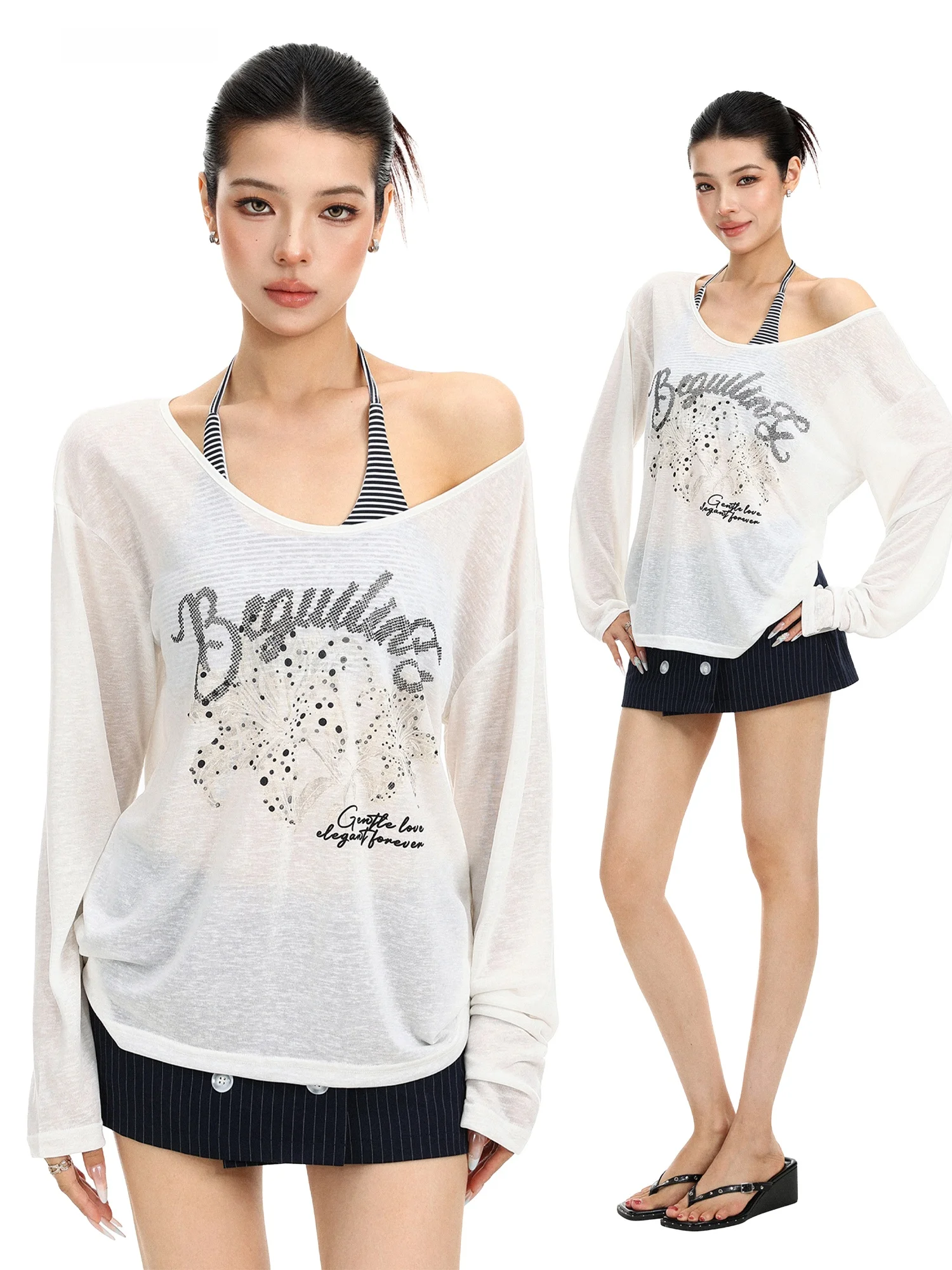 Women's Casual Loose Fit Long Sleeve T-Shirt Set with Cover up Striped Print Neck Hanging Design Summer Breathable Comfortable