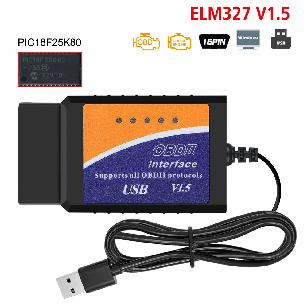 

Автомобильный диагностический кабель Super ELM327 USB 1,5 с чипом PIC18F25K80 ELM 327 USB V1.5 OBD2 Scanner Поддержка большинства протоколов OBDII