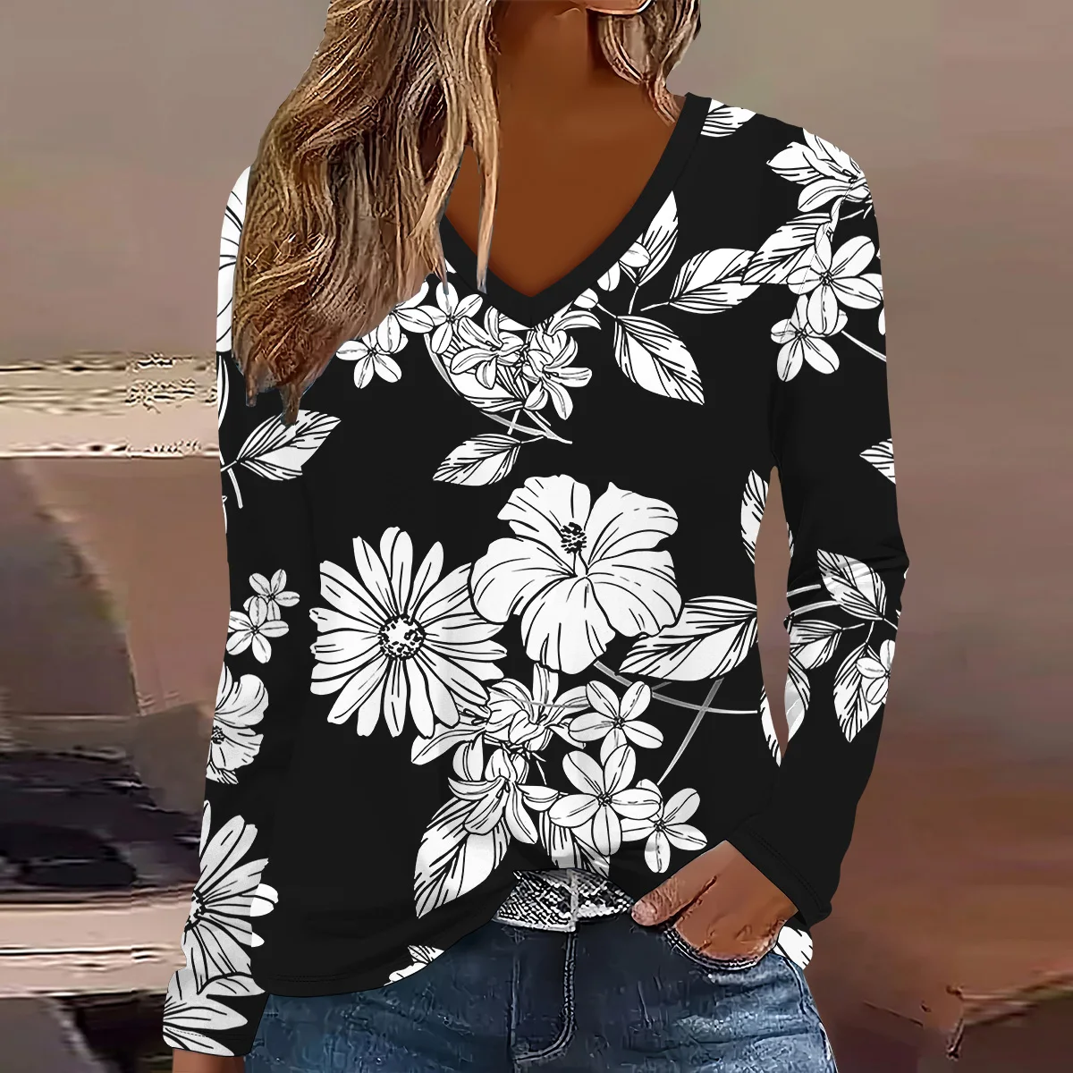 

Модная женская футболка с 3D принтом и цветочным узором, с v-образным вырезом и длинными рукавами, повседневный топ из полиэстера, дышащая женская одежда, топы