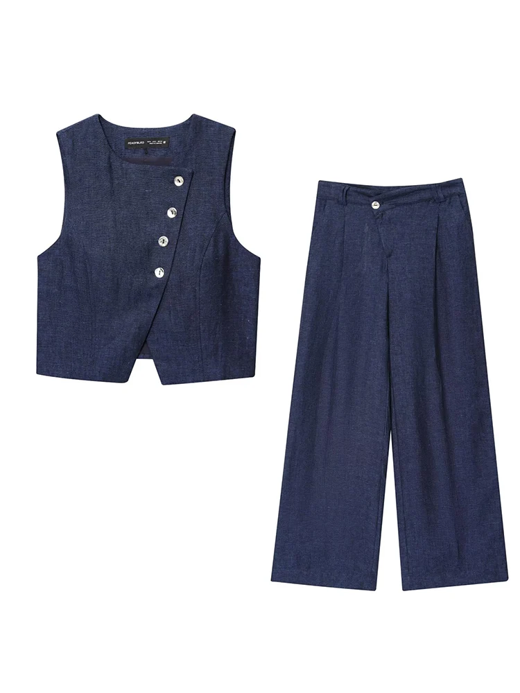 2025 Conjuntos de 2 piezas de lino de verano para mujer, chalecos lisos Vintage, abrigos y pantalones, ropa de calle elegante para mujer, dos trajes