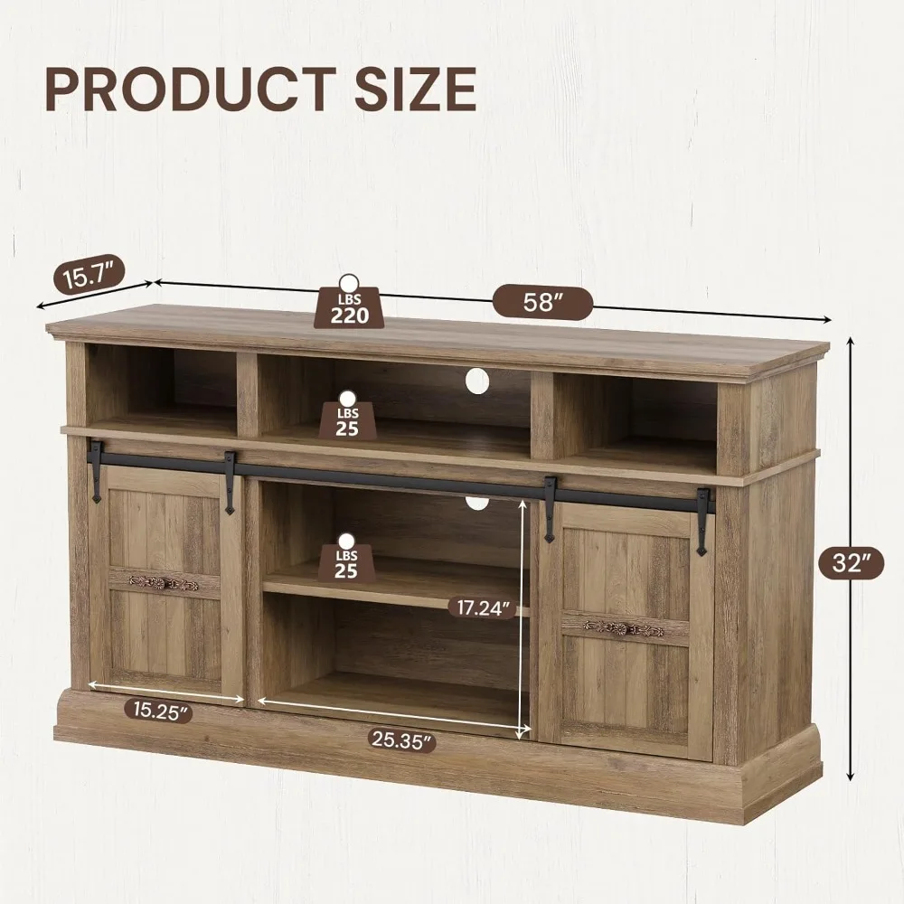 Rustykalny stojak pod telewizor 75 cali z przesuwanymi drzwiami w stylu stodoły, wysokie szafki RTV o wysokości 32 cali, konsola multimedialna z oświetleniem LED