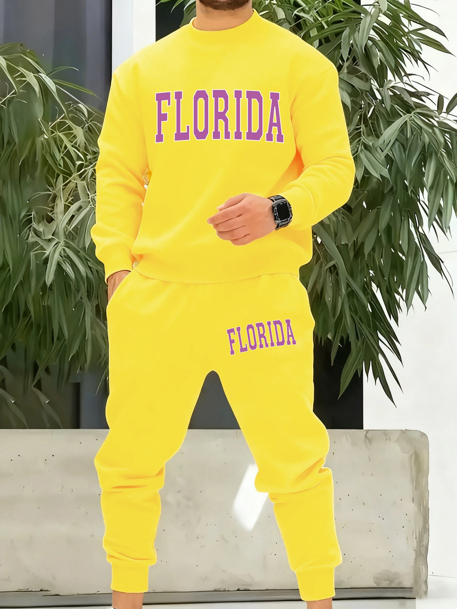 

Florida Pink Letter Print Mans Tracksuit Trendy Autumn Warm Simple Pants Casual Basics Clothes Unisex Loose Retro Sportset