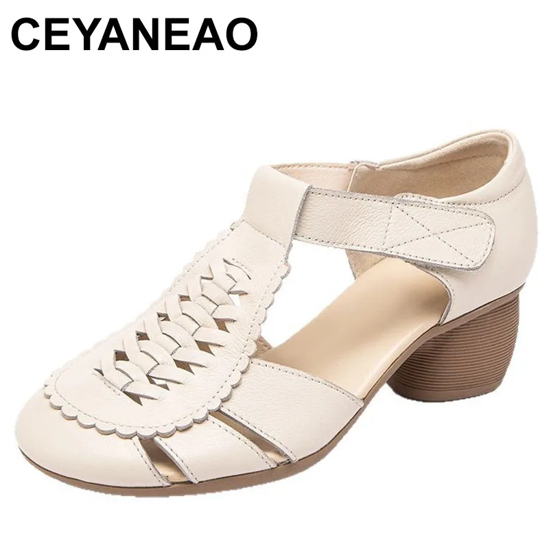 

Romano Woven Women's Sandals Head Cover Real Leather Comfortable Mom oes Breathable Hollow out Soft Roman