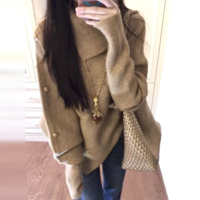 Design Inspired High Neck Sweater for Women 2026 Autumn Winter Item Loose Solid Color niche Bat Sleeve Cape Top Commuting Top