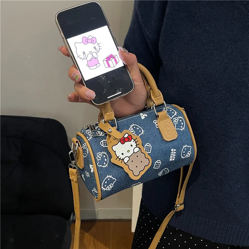 

Hello Kitty New Women's Handbag Fashion High Quality Denim Girl Round Bucket Bag Cartoon Versatile Multi Functional Shoulder Bag