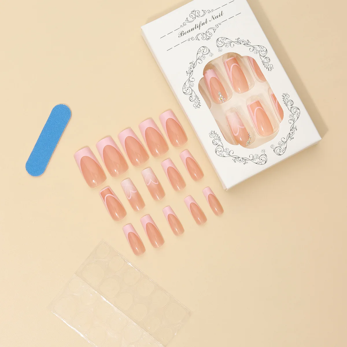 French Style Coffee Nude Line Wearable False Nails Long Nail Art Patches Cross-Border Beauty Nail Tips for Women