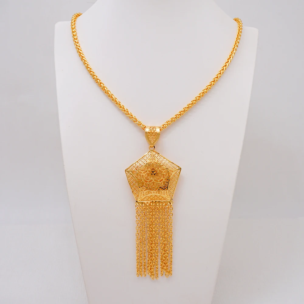 Fashion Charms Dubai Gold Color Tassels Pendant Necklace & Earrings Jewelry Set For Women Long Chain Weddings Accessory Gifts