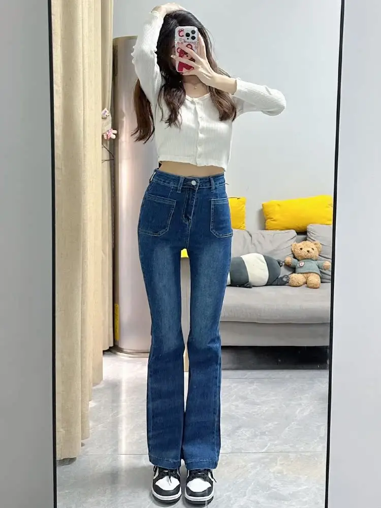 

High Waist Flared Jeans Women's High Rise Slim Fit Long Pants Straight Leg Jeans Cotton Stretch Denim Light Color Waed