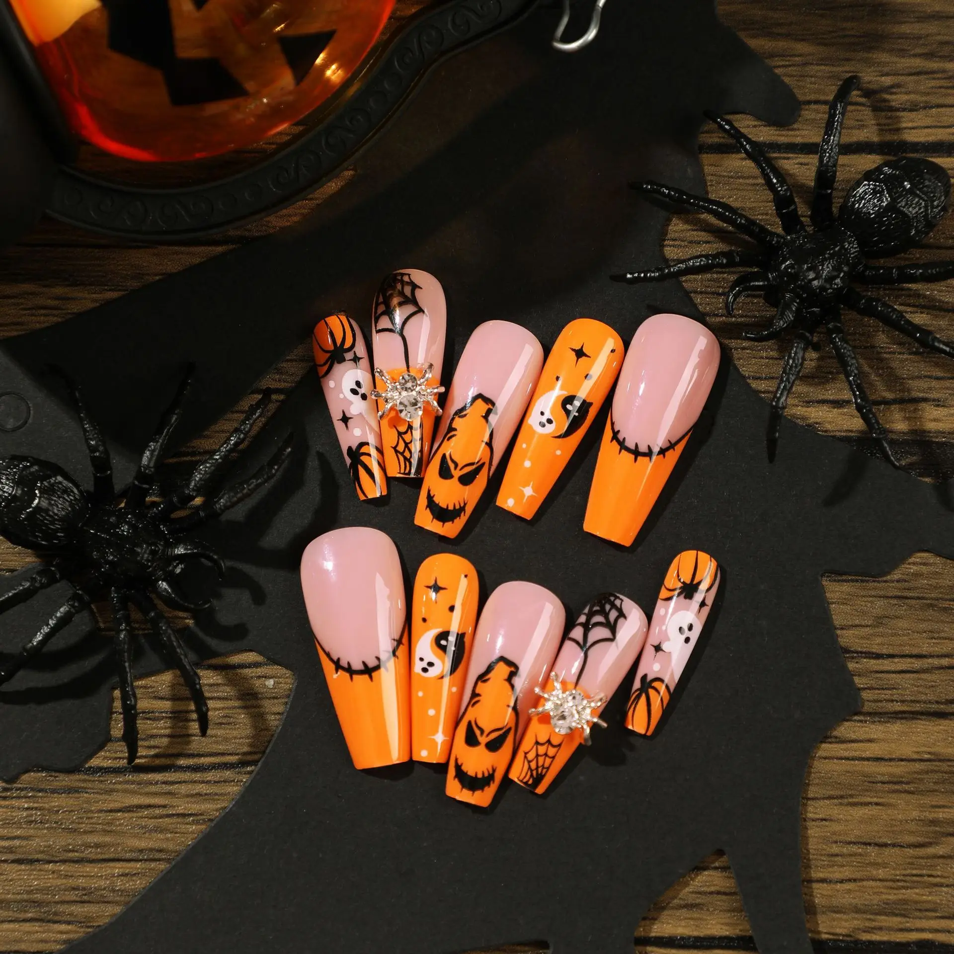 

24Pcs Long Square Press on Nails - 3D Halloween Design with Yellow Base, Black/White Ghosts, Pumpkins and Spider Web
