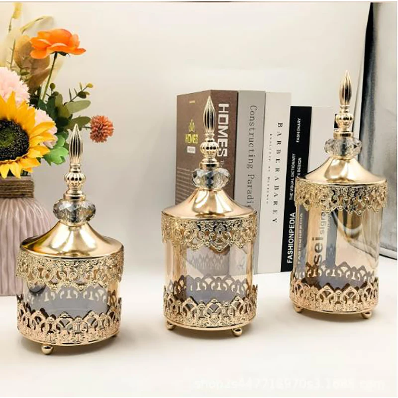 Gold Electroplated Candy Jar Glass Vase Metal Openwork Art Decor Jewelry Box Living Room Fruit Dessert Dried Fruit Storage Jar