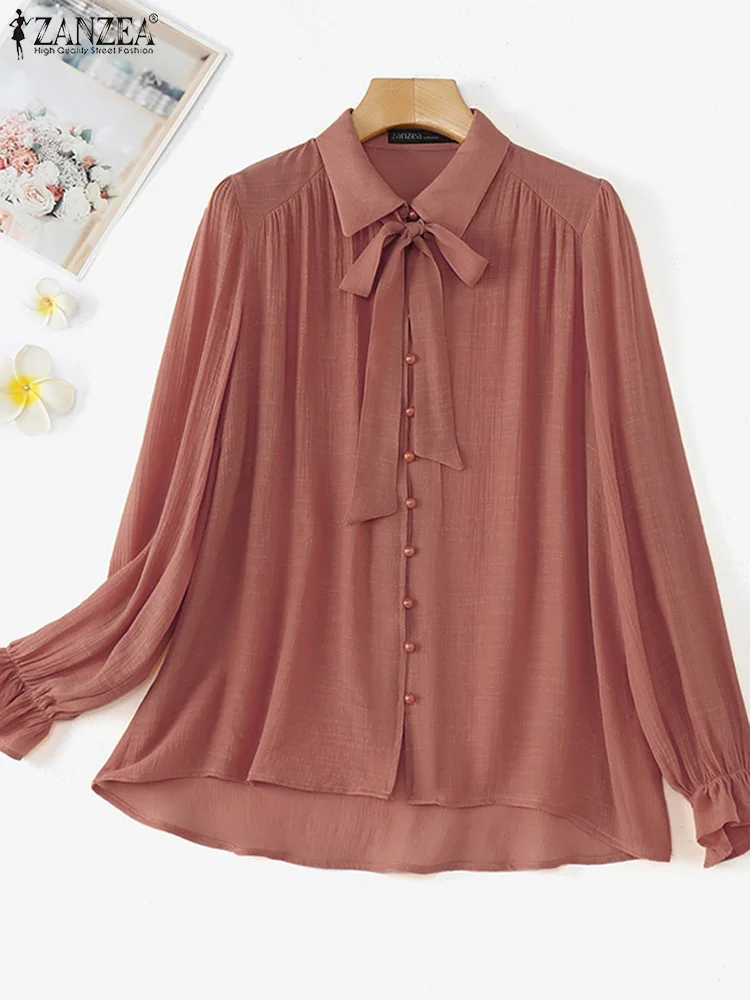 

Женские однотонные блузки, офисные женские блузки на шнуровке, Blusas ZANZEA, повседневные рубашки с длинными рукавами-фонариками, винтажная туника на пуговицах, уличная одежда