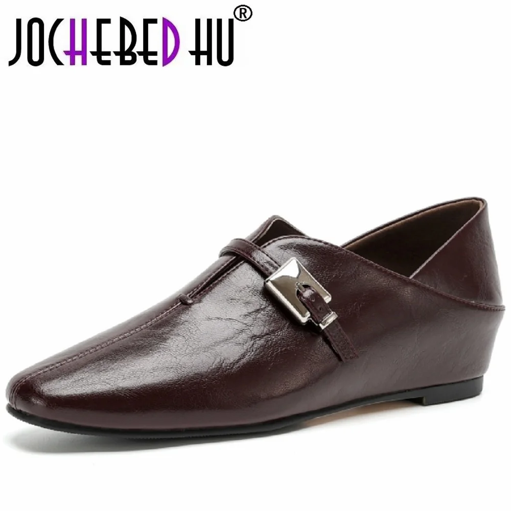 【JOCHEBED HU】Women Handmade Genuine Leather Elegant Female Balance Square Toe Design Casual Ladies Mid Heel Soft Soled 34-40