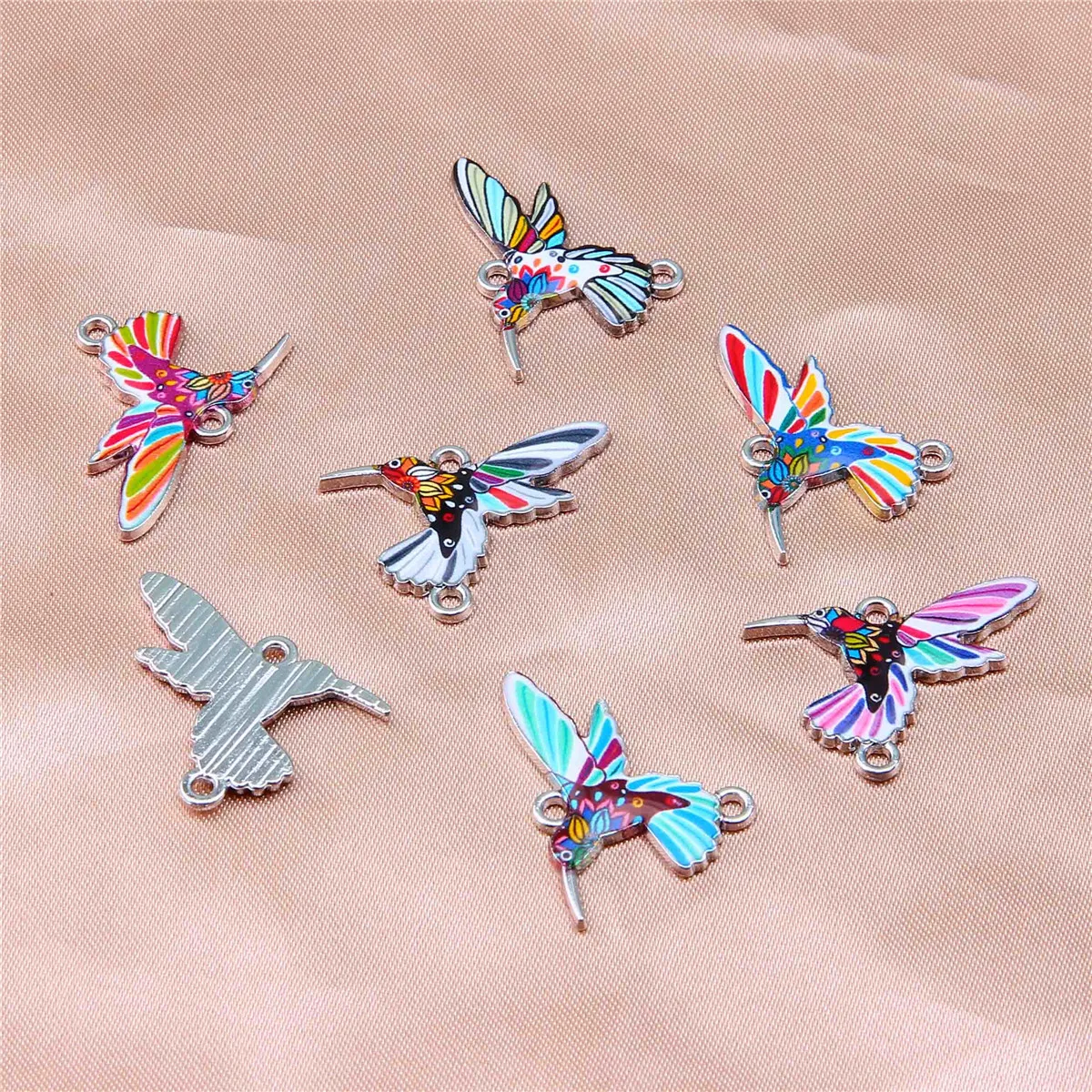 10pcs Painted Colorful Pigeon Little Hummingbird Double Hanging Connector Pendant DIY Oil Drop Making Bracelet Accessories