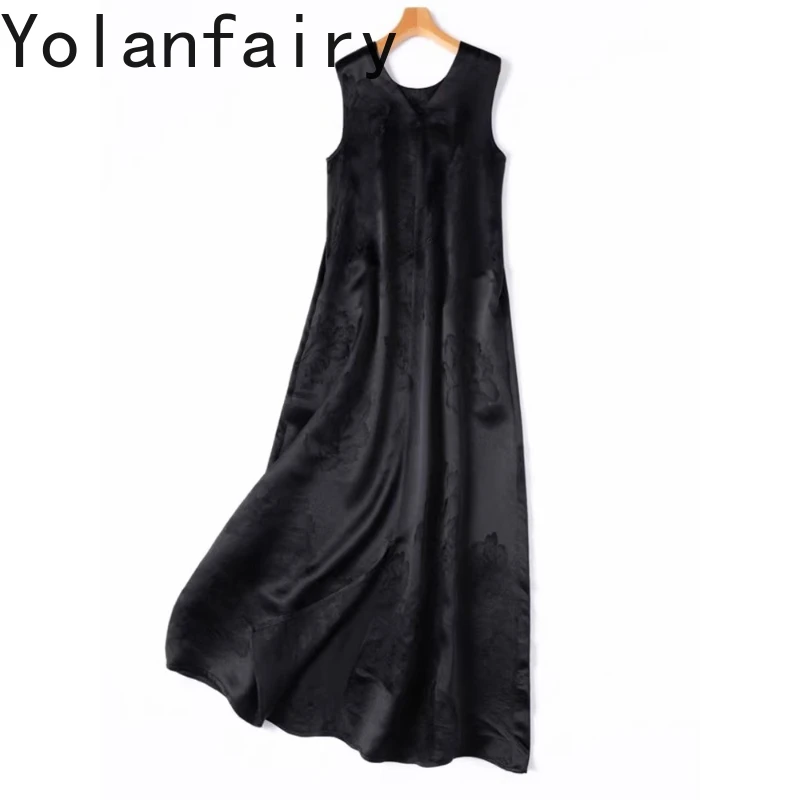 

YOLANFAIRY Luxury 35momme 100% Mulberry Silk Summer Dress Woman 2025 Jacquard Satin Slit Long Black Dress Wear Both Front & Back