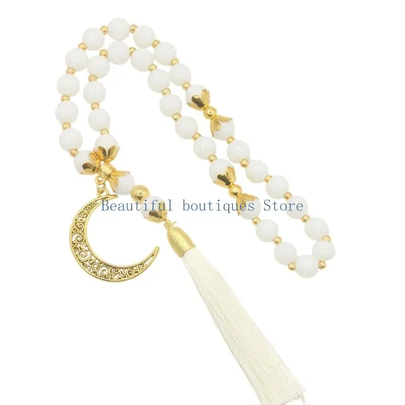 U4LF Polished 10 mm Crystal Bead Strand with Crescent Charm, 33 Bead Meditation Accessory for Prayer Counting Use Daily