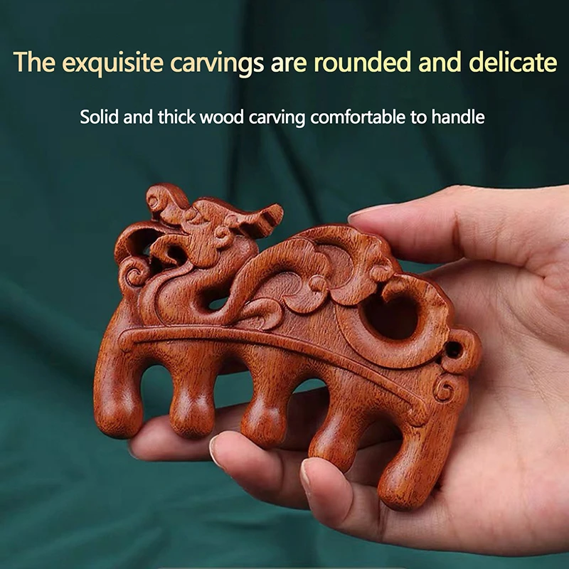 Portable Red Sandalwood Wide Tooth Comb Chinese Mascot Carving Scalp Relax Meridian Acupoint Massager Anti-static Hair Comb