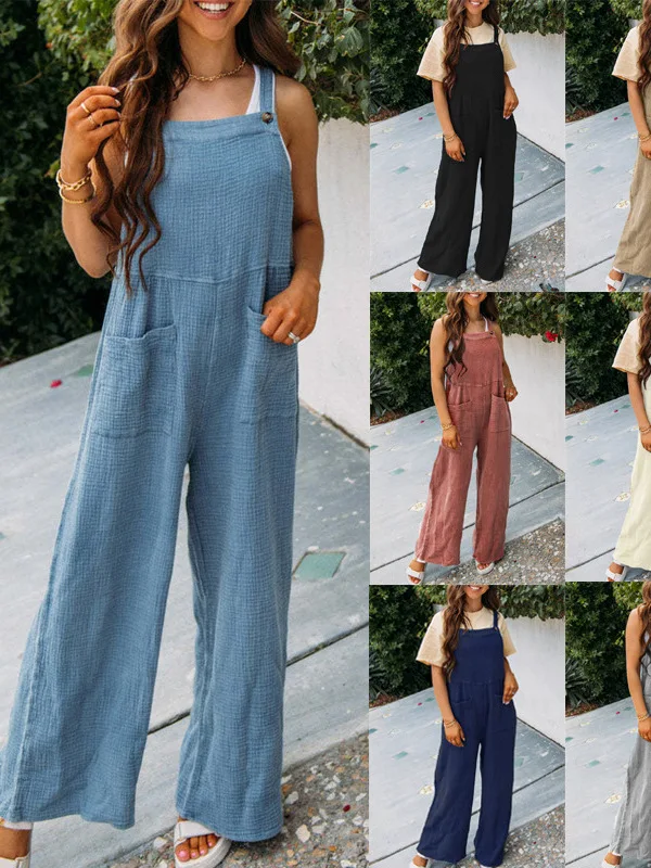 

Повседневный комбинезон на бретелях с высокой талией, длинные брюки, уличный комбинезон из полиэстера с микро-расклешенными штанинами, летняя коллекция, китайский заказ