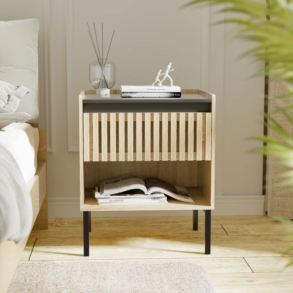 Bedside Cabinet Set 2, Modern Bedside Cabinet, Quick Assembly, Minimalist Iron Foot Design, Vertical Stripe Design Elements