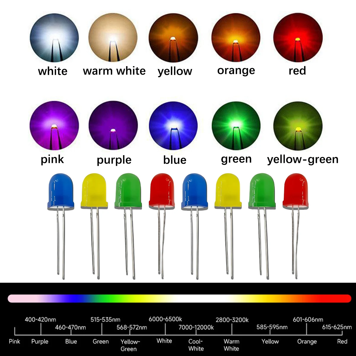 F10/10mm Rambut Merah Atas Bulat Merah, Rambut Biru Biru, Rambut Hijau Hijau, Rambut Kuning LED Kaki Panjang Kuning