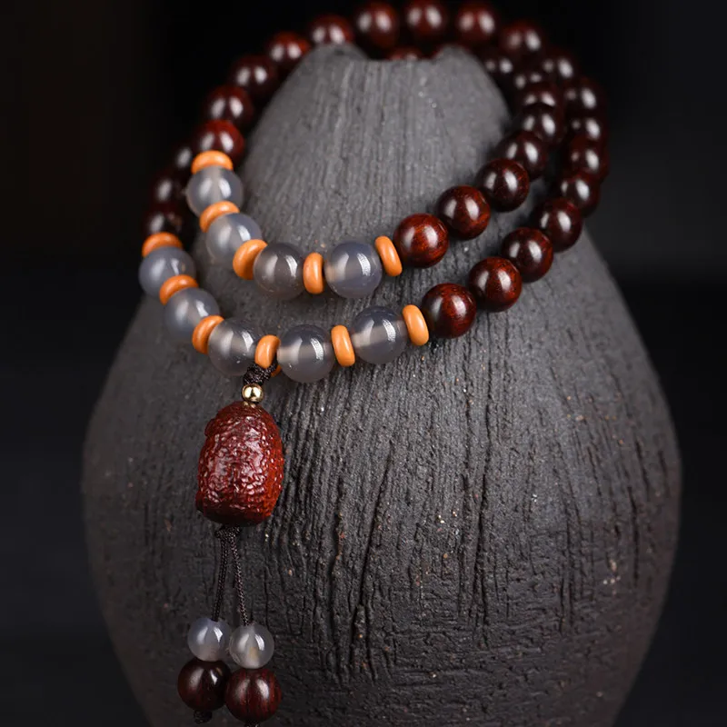 Indian Small Leaf Rosewood Double Wrap Mala Bracelet Agate Invisible Buddha Pendant Prayer Beads Wenwan Jewelry For Men Women