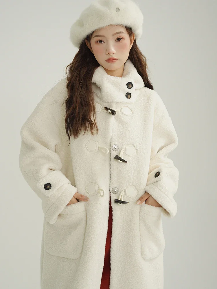 

Women Collegiate-style Wool Coat Solid Color Hood Horn Button Faux Fur Warm Cozy Long Coats Woman Outfits Winter-ready