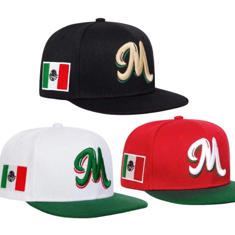 Czapka baseballowa typu snapback z haftowanym literą M, unisex, regulowana, z płaskim daszkiem, w stylu hip-hop streetwear