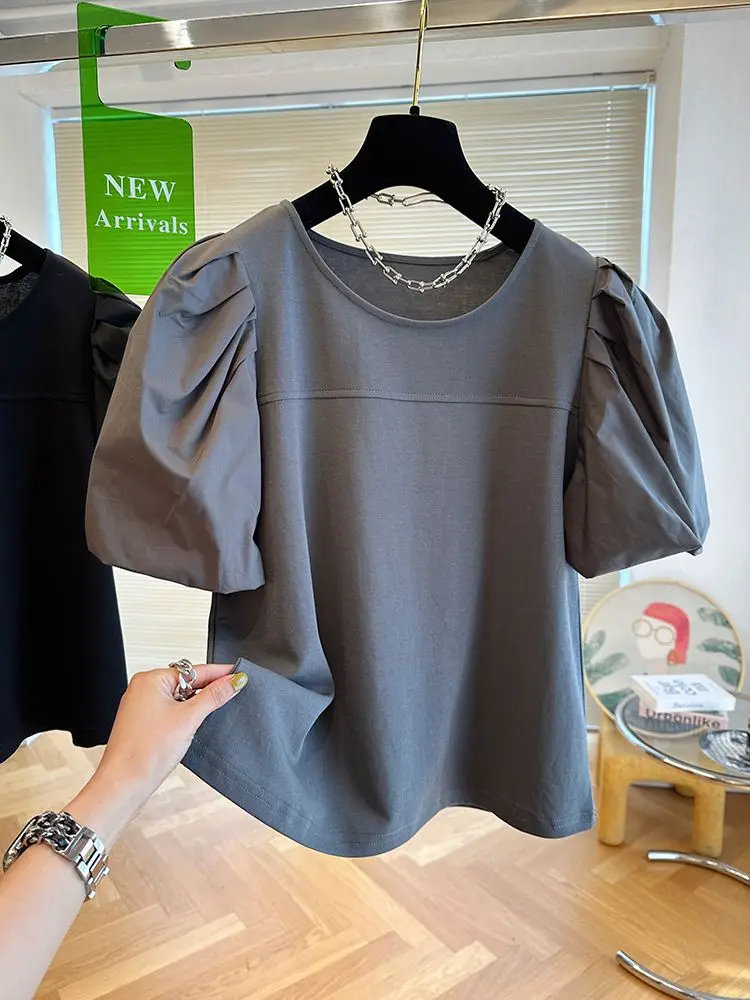 Summer New T-Shirts Causal O-neck Patchwork Puff Sleeve Shirts for Women Chic Korean Sweet Top 2024 Blouse Ropa De Mujer