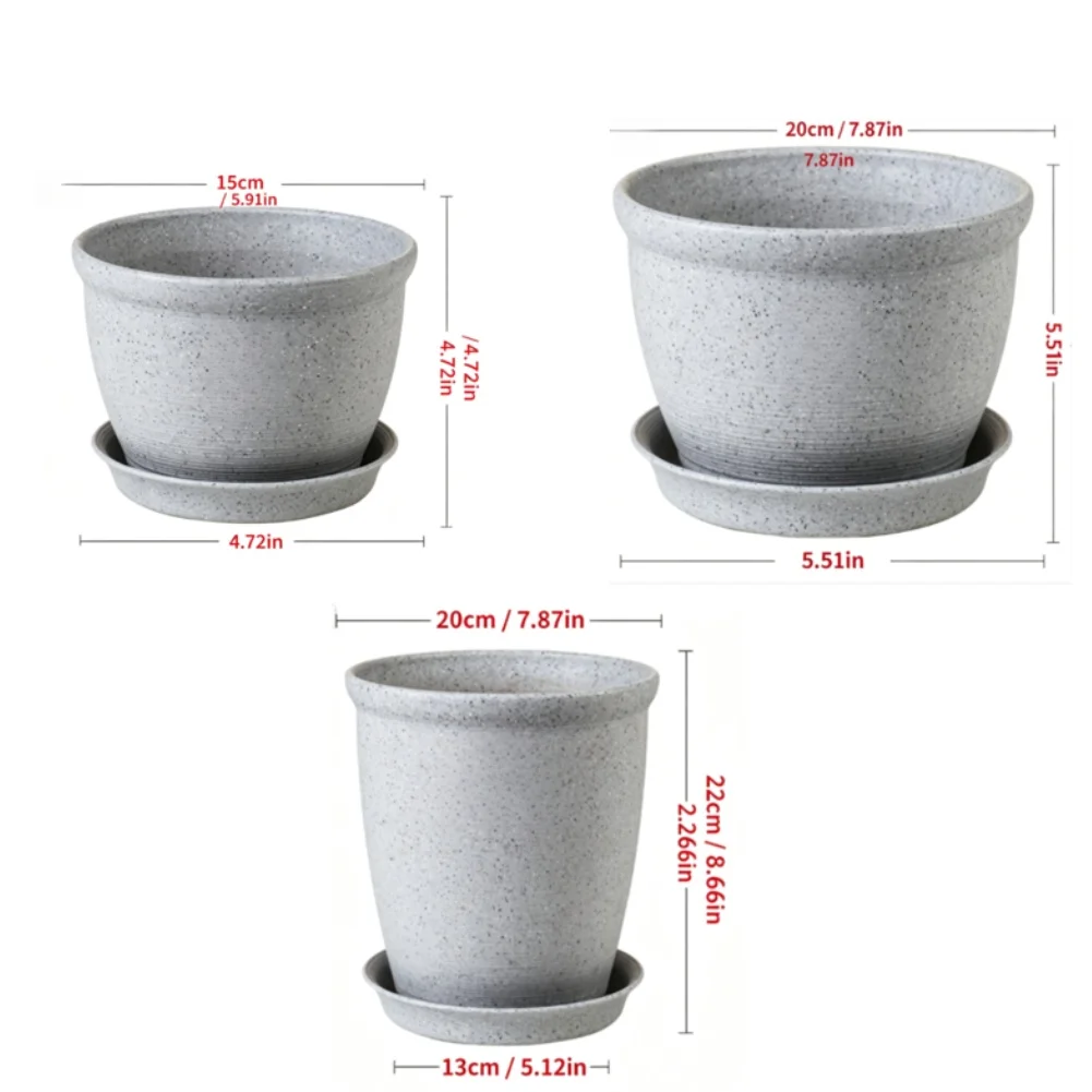 Plastic Flower Pot Bundle of 3 with Marble Aesthetic Drainage Efficiency and Saucer Alignment for Controlled Hydration