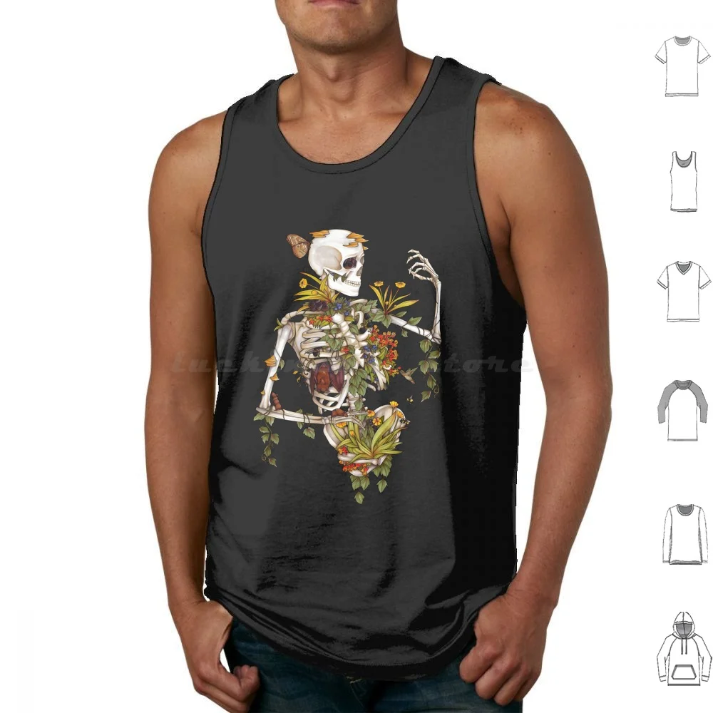 Bones And Botany Tank Tops Vest Sleeveless Bones Botany Skeleton Plants Animals Beat Flowers Fungus Traditional Art Marker