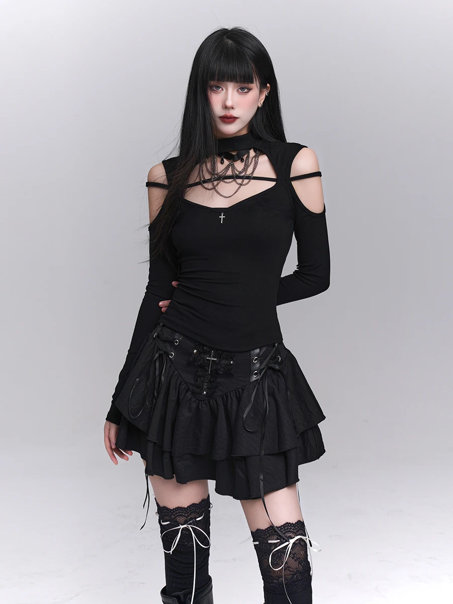 

Women's Off-the-shoulder Top Design Sense Punk Style Fashion 2025 Spring Autumn Casual Tee Fashion Long Sleeve T-shirts